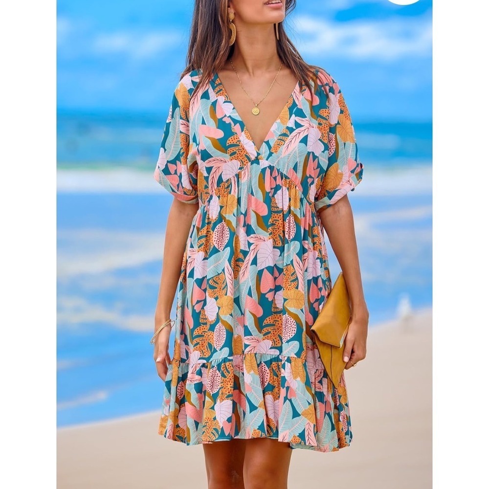 NWT CUPSHE Womens Teal Tropical Leaf Print V Neck Minidress Size S